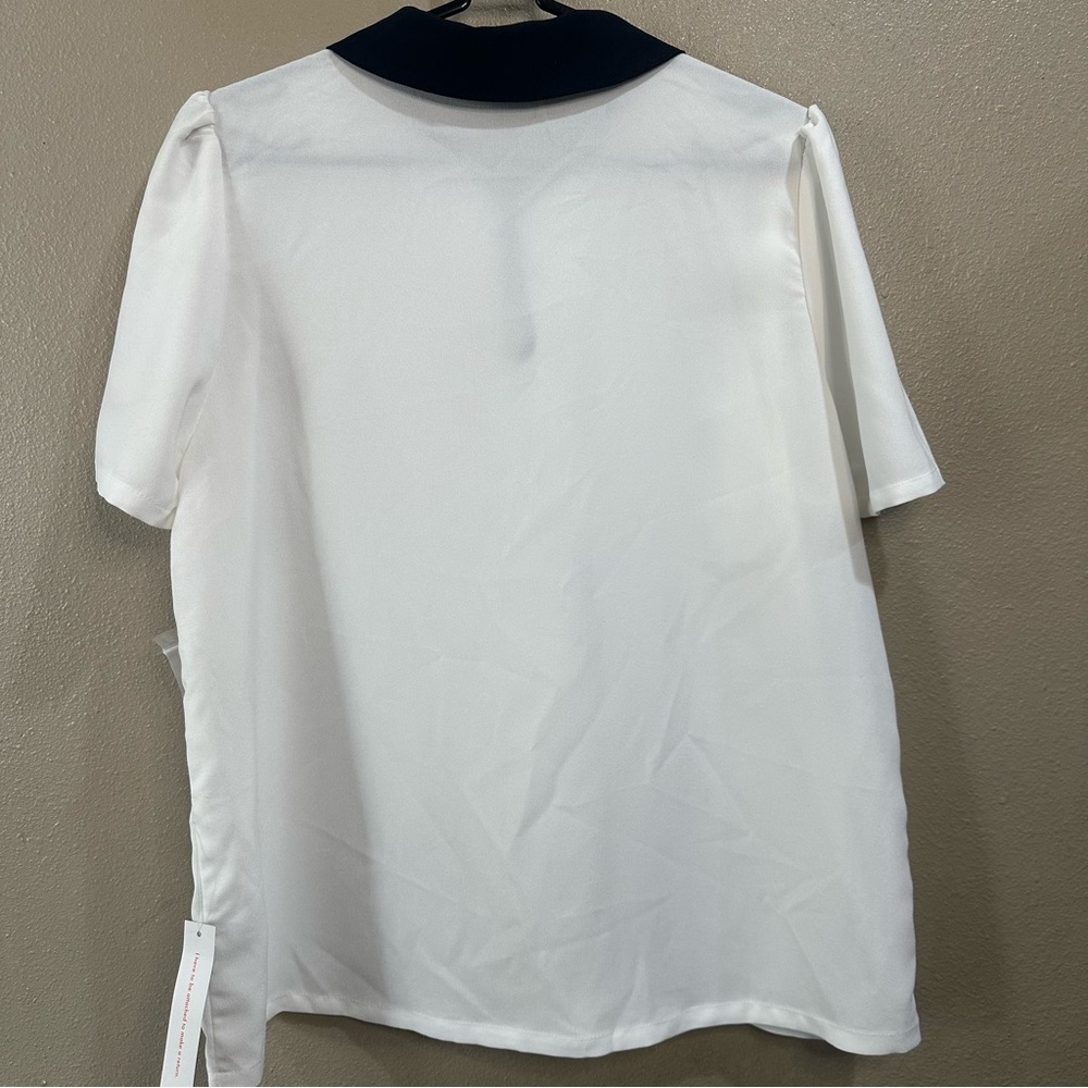 ModCloth Women's Collared Tee Large White Black Keyhole Neck Retro 50s Style NWT - Picture 6 of 7